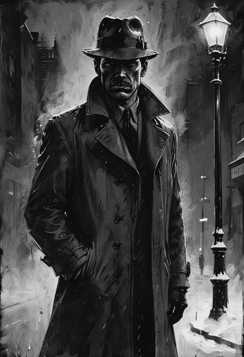 00042-3331417628-drawing of a moody detective standing on a street corner during a strong blizzard, foggy snow storm, low visibility, film noir s.png